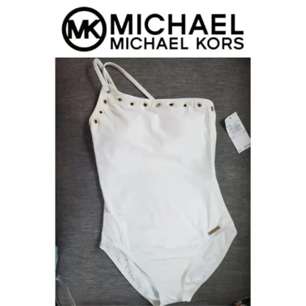 Michael Kors Size 6 strappy white One-Shoulder grommet women's Swimsuit